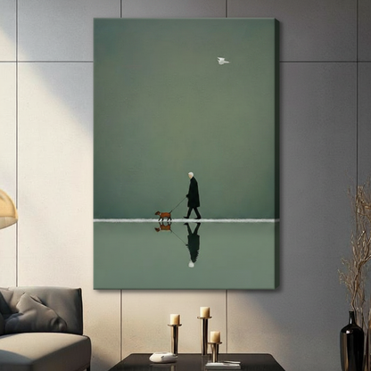 Minimalist Elder Walking Dog Reflection Canvas Art