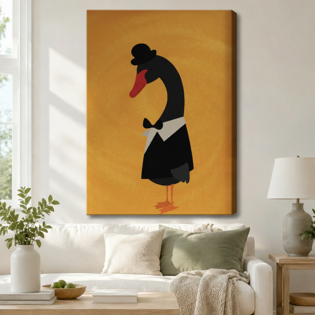 Dapper Black Swan Gentleman Framed Canvas Wall Art