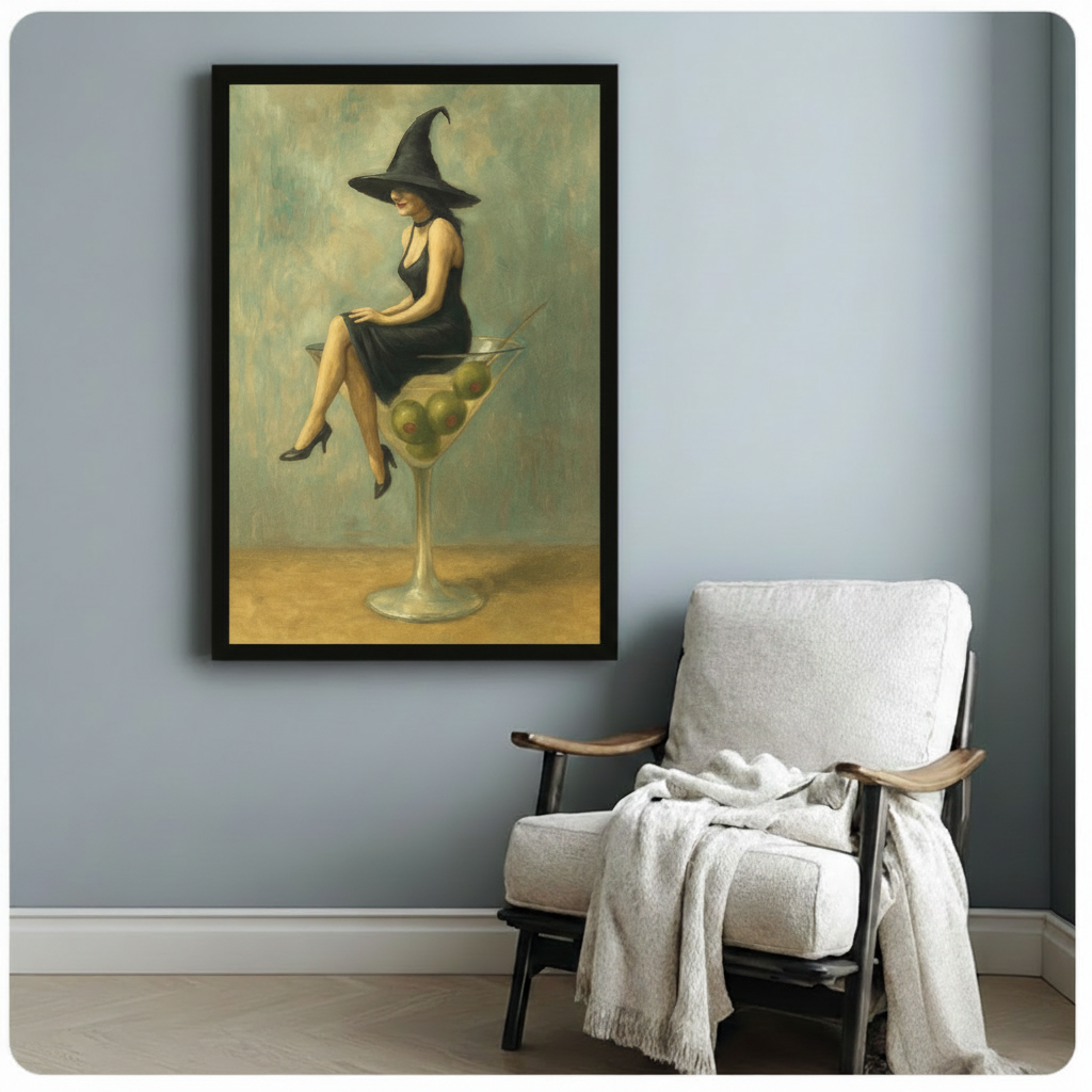 Vintage Witch Sitting Martini Glass Canvas Art
