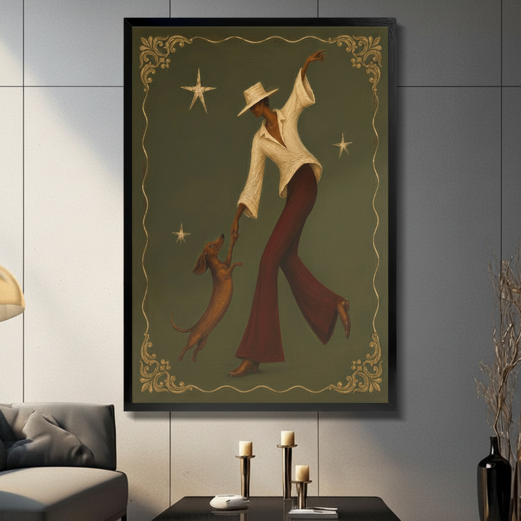 Retro Cowgirl Dachshund Dance Gold Canvas Art