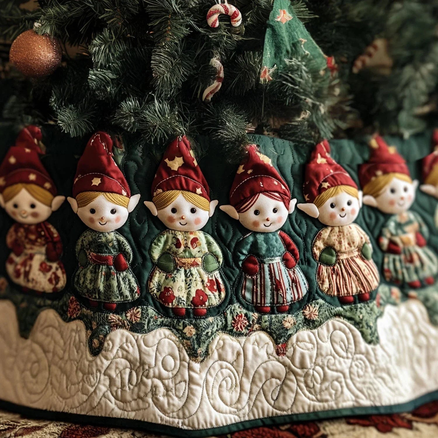 Elves Cheer Quilted Christmas Tree Skirt