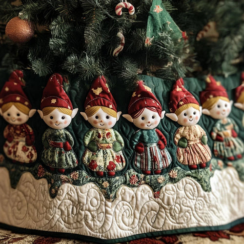 Elves Cheer Quilted Christmas Tree Skirt