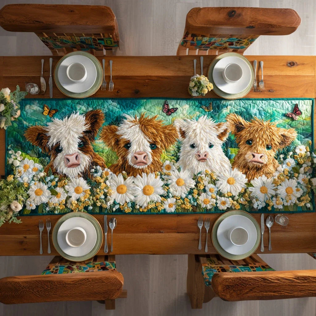 Emerald Highland Cow Quilted Table Runner