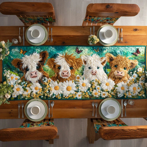 Emerald Highland Cow Quilted Table Runner