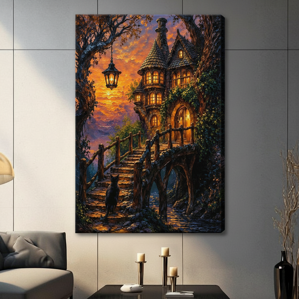 Fantasy Enchanted Castle Cat Canvas Art Print