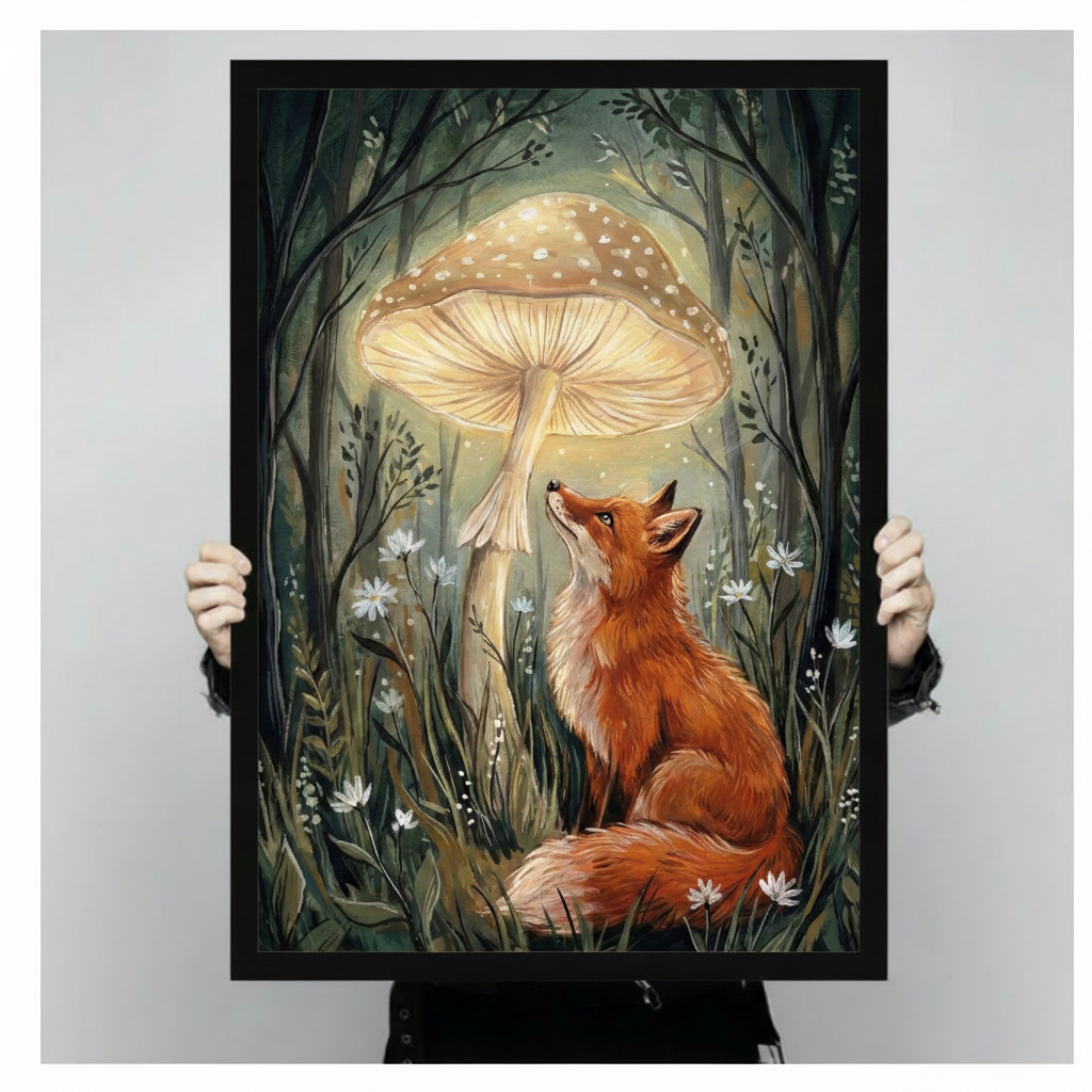 Enchanted Fox Glowing Mushroom Forest Canvas Art