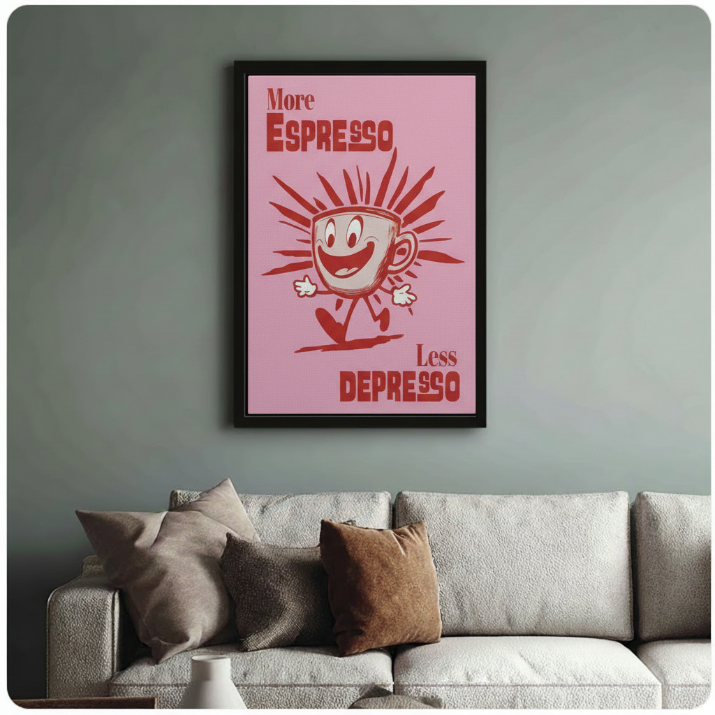 Retro Espresso Cartoon Pink Canvas Wall Art