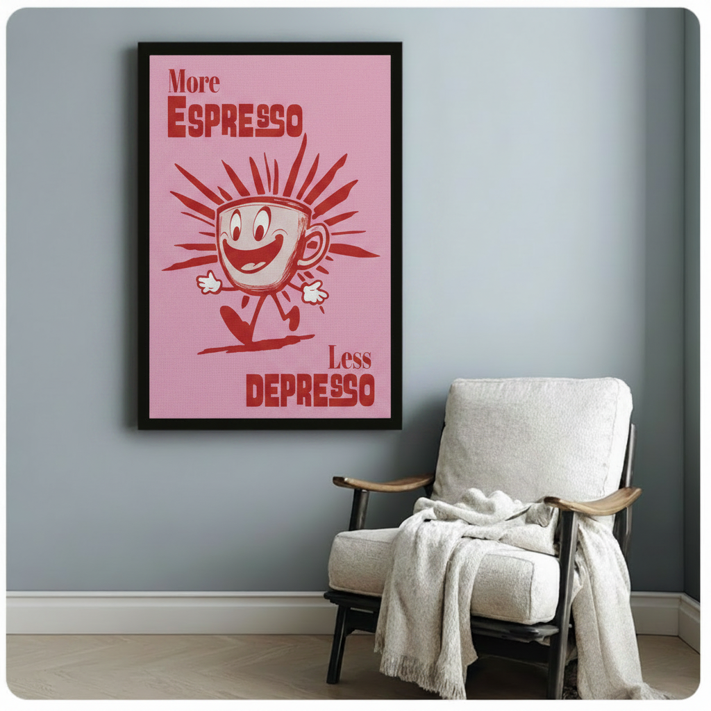 Retro Espresso Cartoon Pink Canvas Wall Art