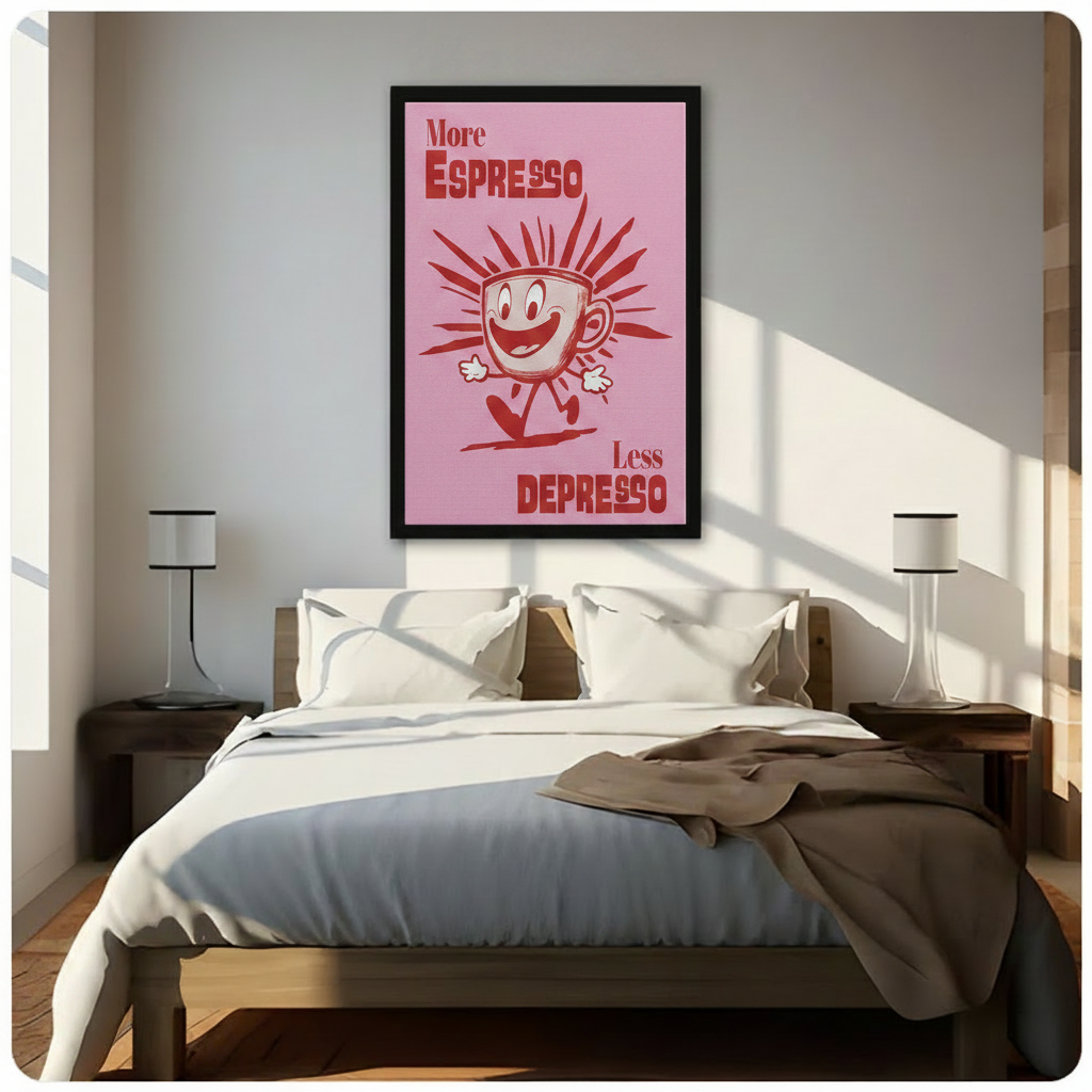 Retro Espresso Cartoon Pink Canvas Wall Art