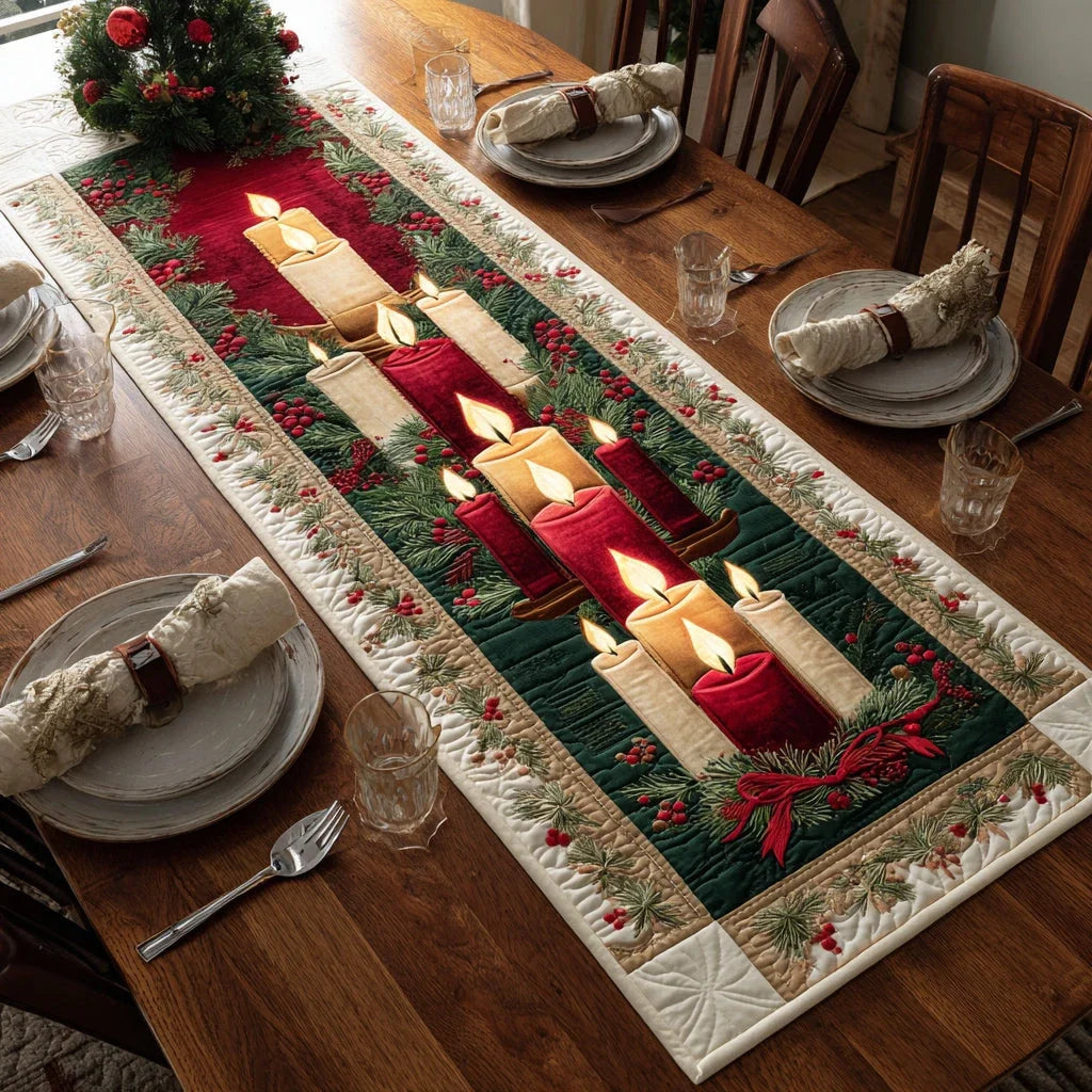Evergreen Candle Quilted Table Runner