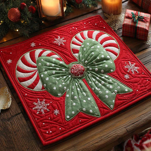 Evergreen Peppermint Bow Quilted Table Topper