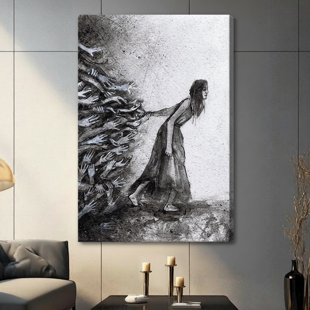 Woman Resisting Hands Dark Expressionist Canvas Art