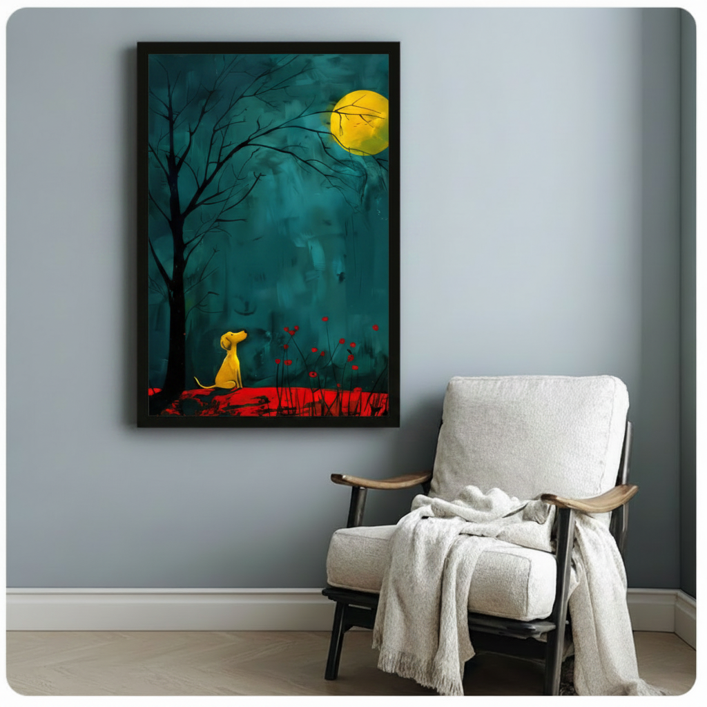 Moonlit Yellow Dog Teal Forest Canvas Art Wall Art