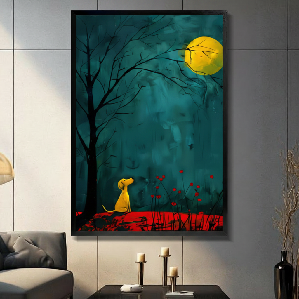 Moonlit Yellow Dog Teal Forest Canvas Art Wall Art