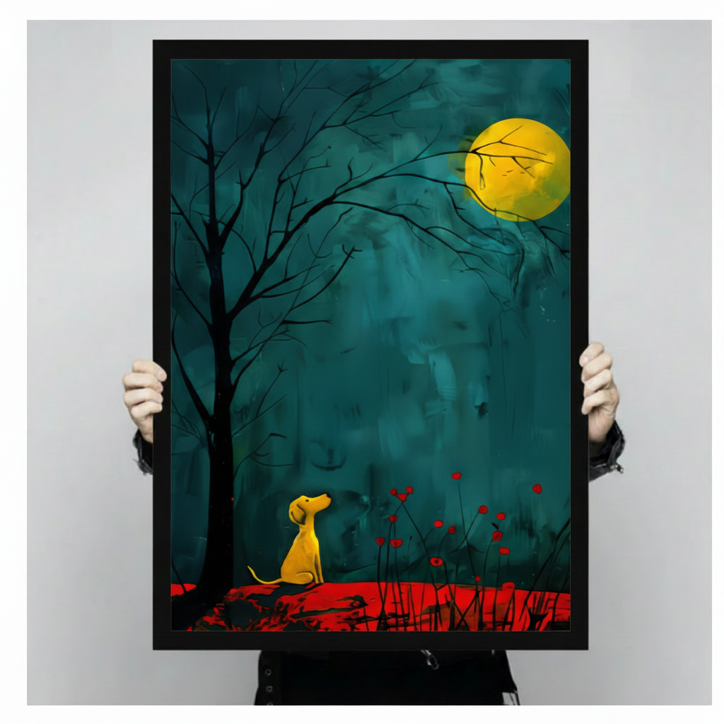 Moonlit Yellow Dog Teal Forest Canvas Art Wall Art