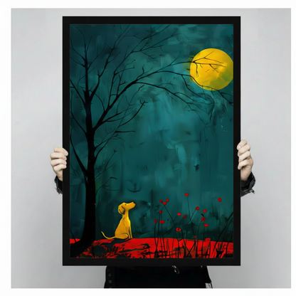 Moonlit Yellow Dog Teal Forest Canvas Art Wall Art