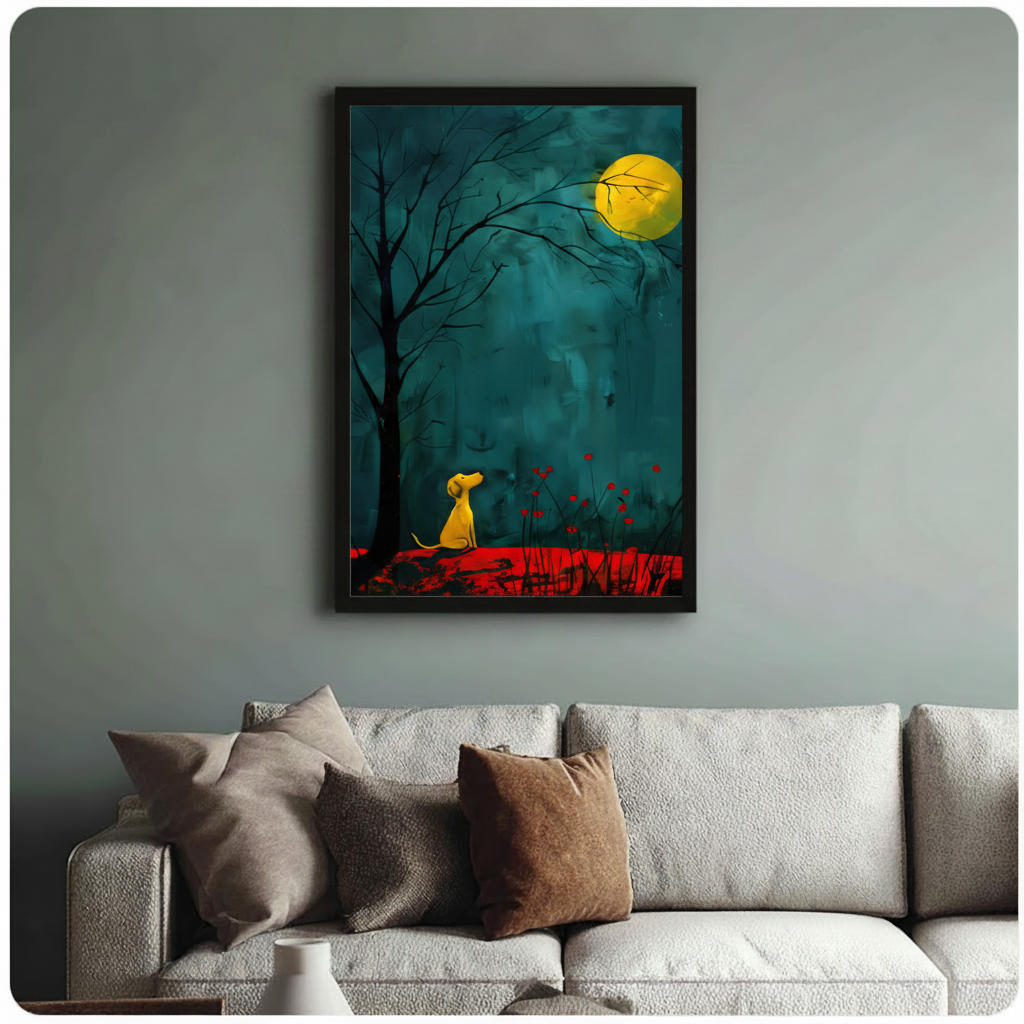 Moonlit Yellow Dog Teal Forest Canvas Art Wall Art