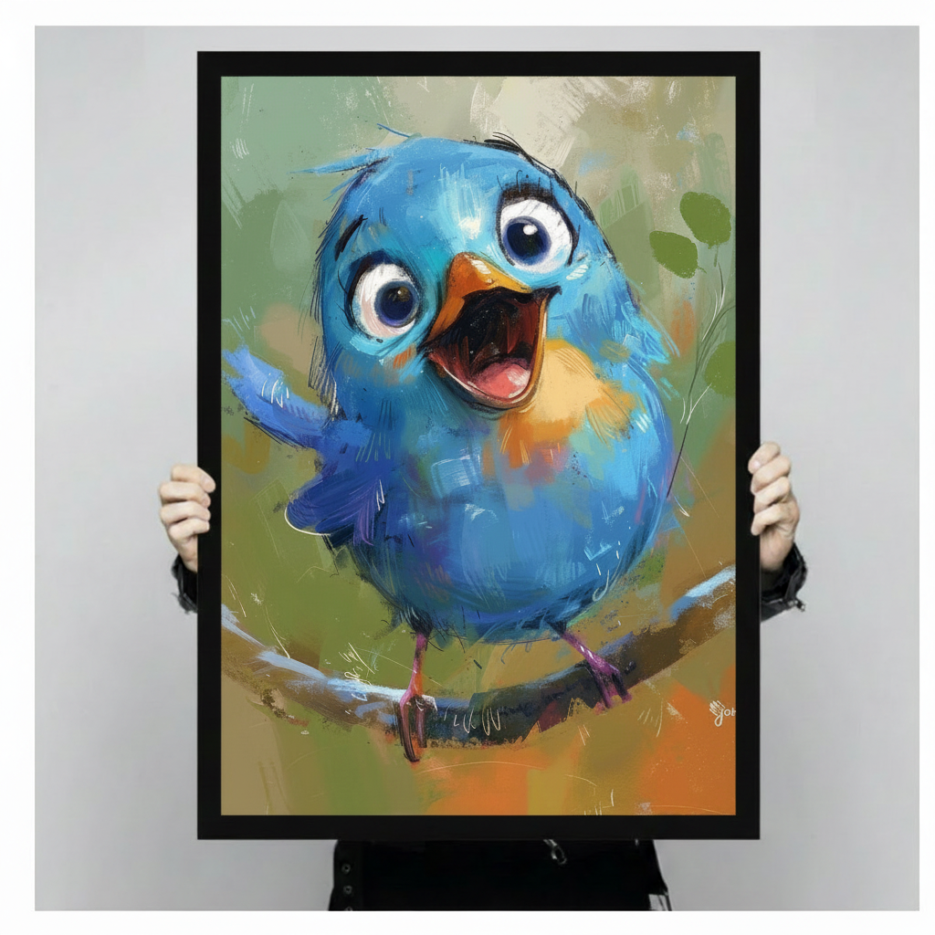 Whimsical Blue Bird Cartoon Canvas Wall Art