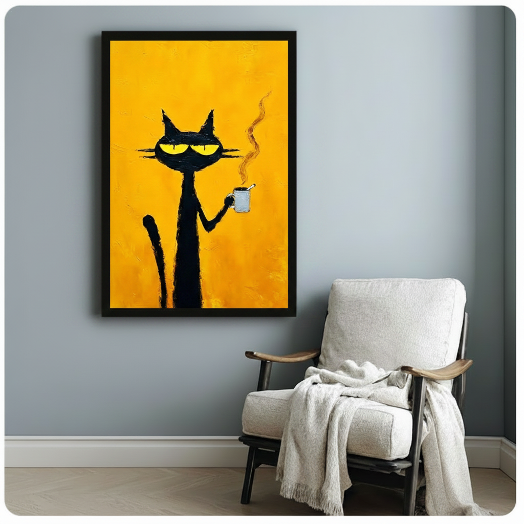 Black Cat Yellow Eyes Coffee Canvas Art Wall Art