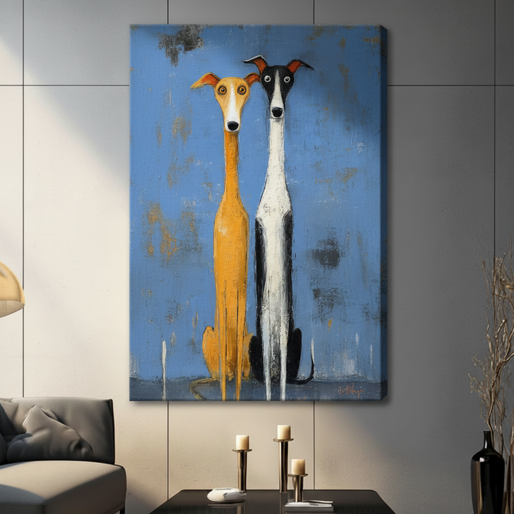Whimsical Greyhound Duo Folk Art Canvas Print
