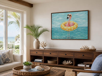 Funny Flamingo With Pool Float And Sunglasses Wall Art - Whimsical Coastal Wall Decor for Beach House