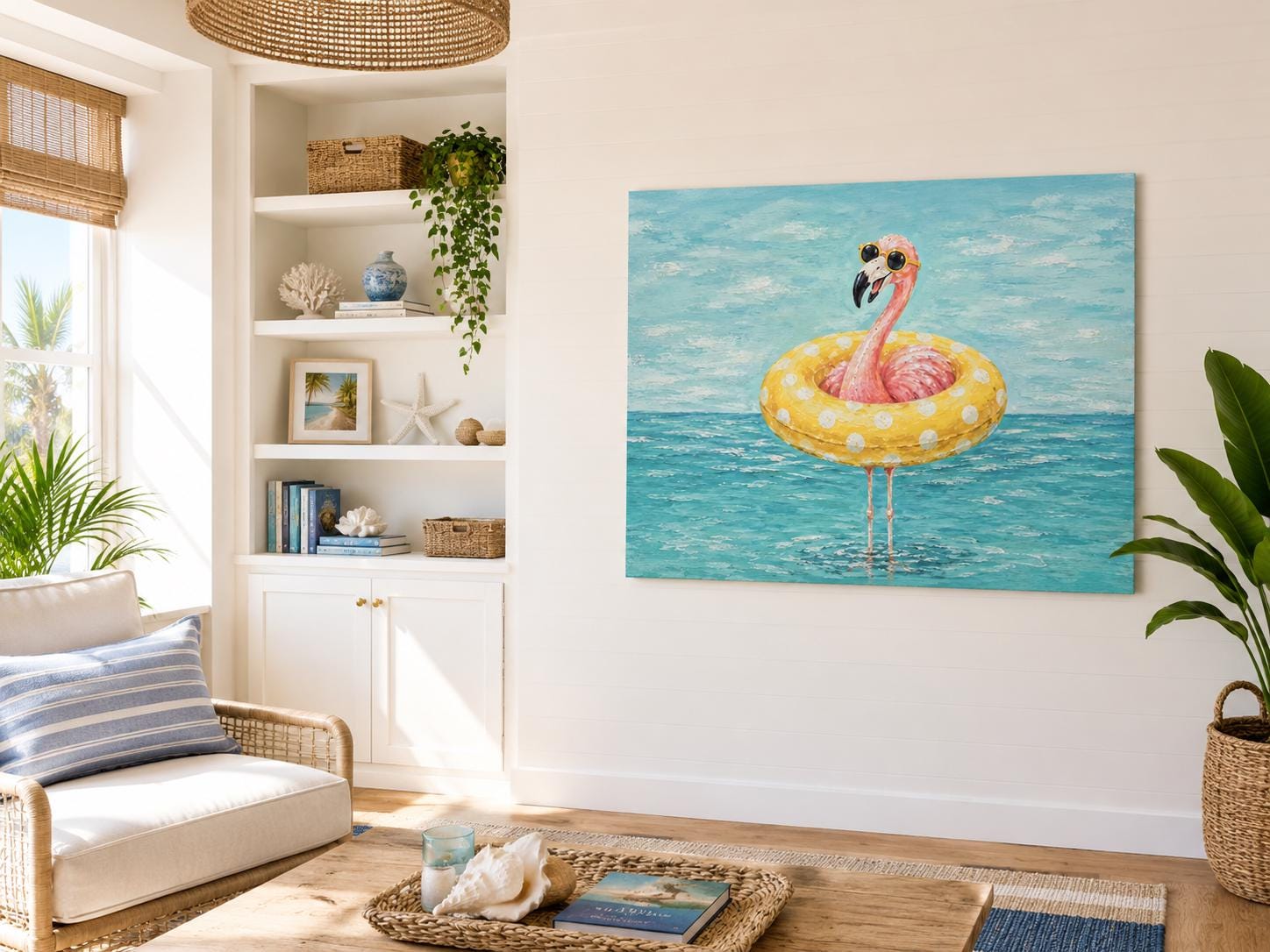 Funny Flamingo With Pool Float And Sunglasses Wall Art - Whimsical Coastal Wall Decor for Beach House