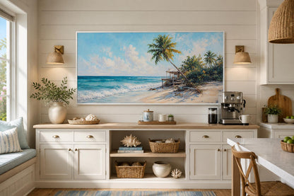Tropical Beach with Palm Trees and Turquoise Waves, Coastal Wall Art