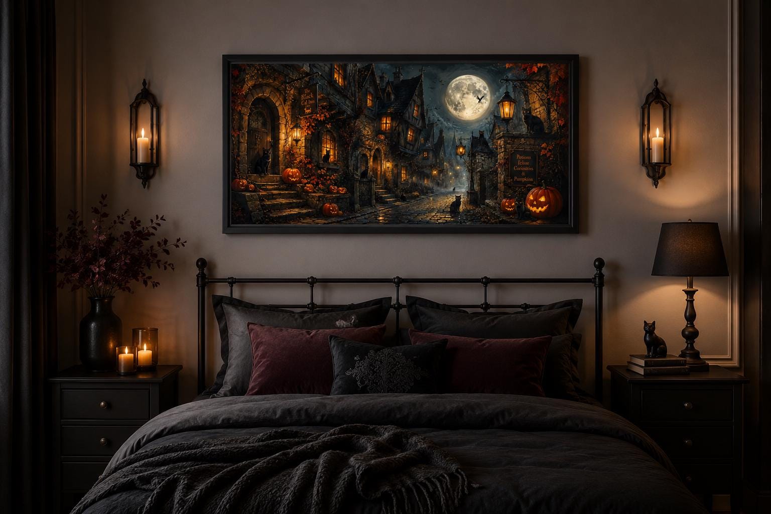 Halloween Village Canvas | Gothic Wall Art With Black Cat & Full Moon Scene