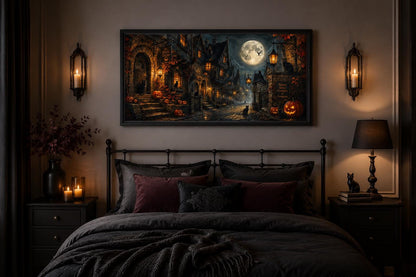 Halloween Village Canvas | Gothic Wall Art With Black Cat & Full Moon Scene