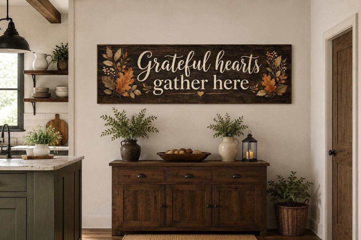 Grateful Hearts Gather Here Thanksgiving Fall Farmhouse Sign For Dining Room Canvas Wall Art