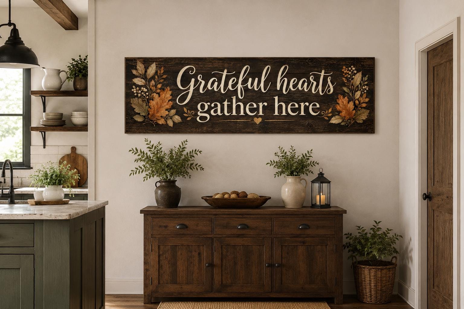 Grateful Hearts Gather Here Thanksgiving Fall Farmhouse Sign For Dining Room Canvas Wall Art