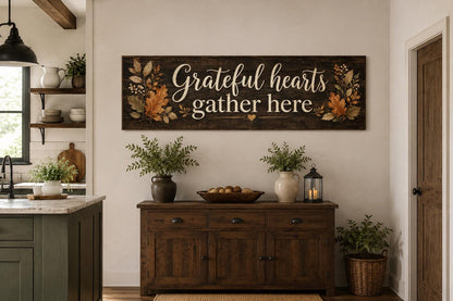 Grateful Hearts Gather Here Thanksgiving Fall Farmhouse Sign For Dining Room Canvas Wall Art