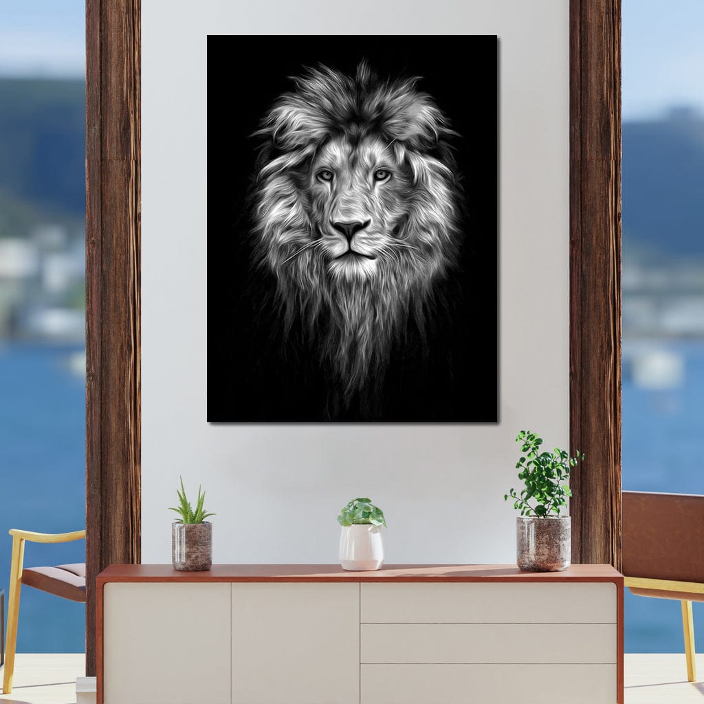 Black and White Lion Face Canvas Wall Art
