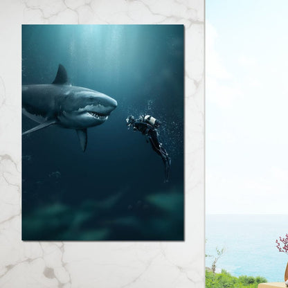 Shark Meets Diver Canvas Wall Art