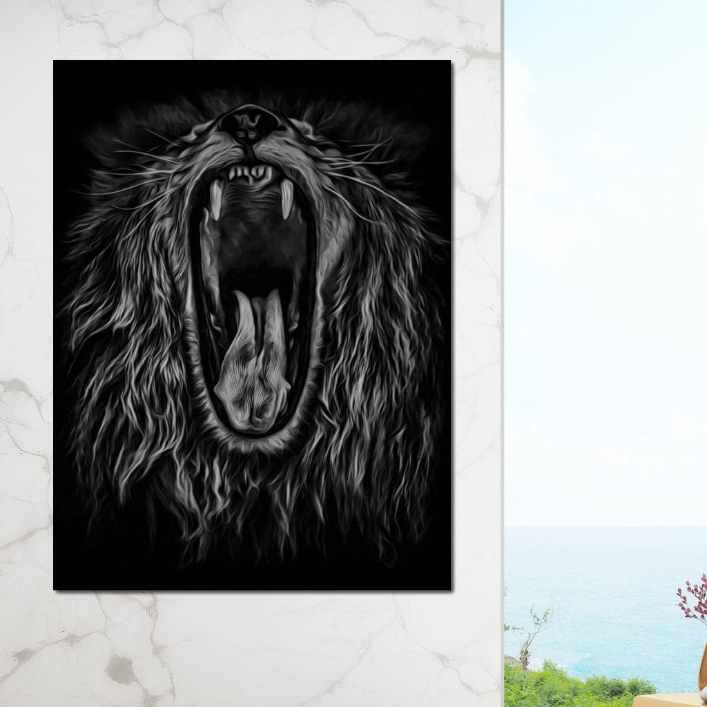 Black and White Roaring Lion Canvas Wall Art