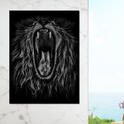 Black and White Roaring Lion Canvas Wall Art