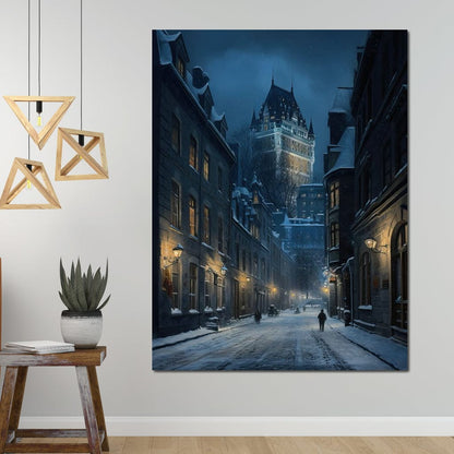 Quebec City Street On a Winter Night Canvas Wall Art