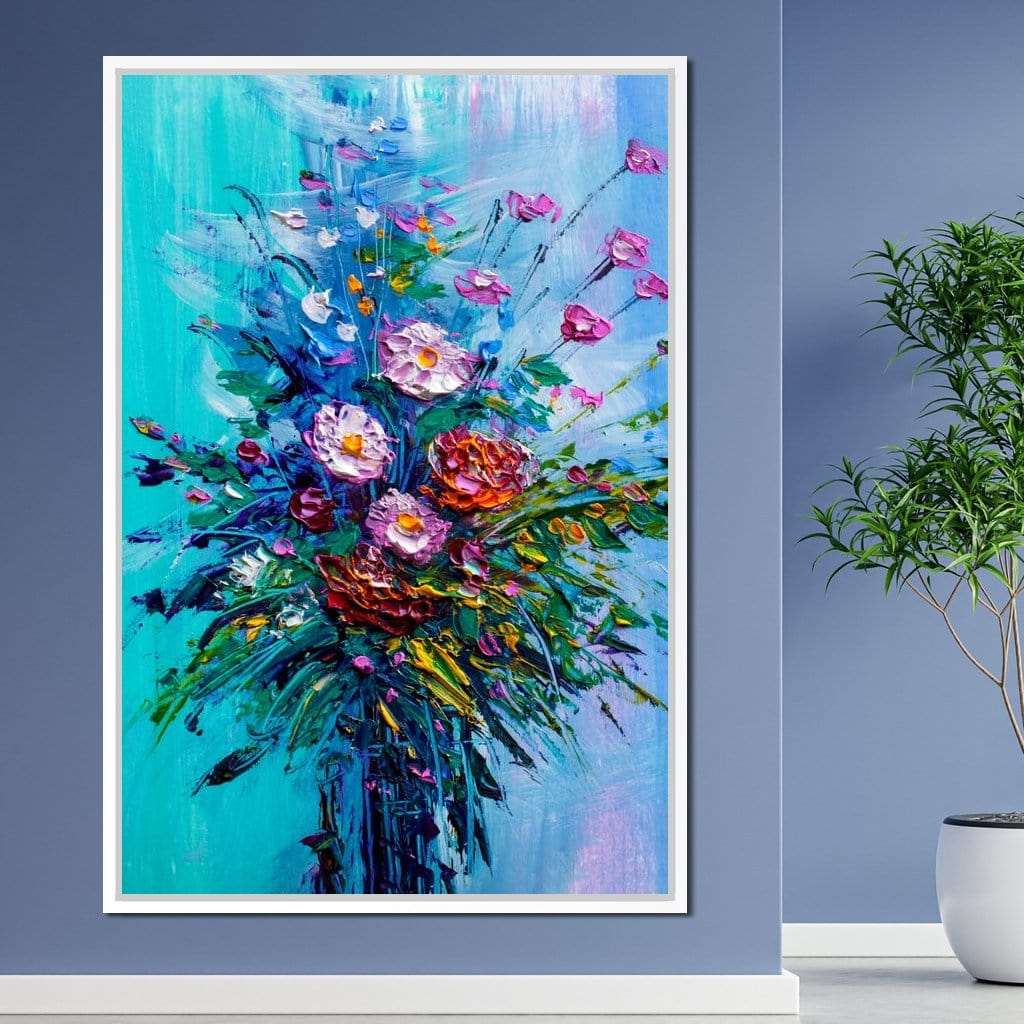 Bouquet of Flowers on Blue Background Canvas Wall Art