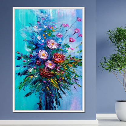 Bouquet of Flowers on Blue Background Canvas Wall Art