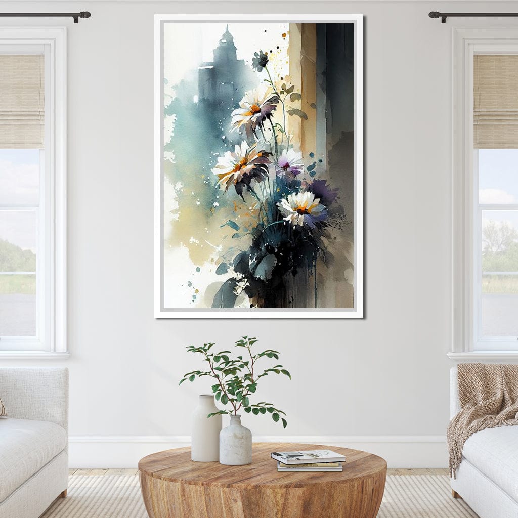 White & Teal Watercolor Flowers Canvas Wall Art