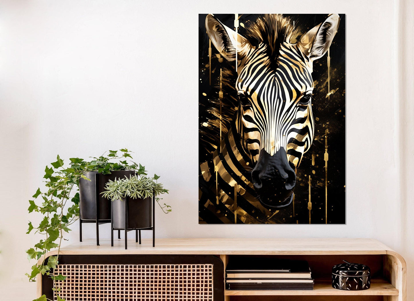 Zebra Canvas Print – Abstract Black Gold Art | Framed Vertical Portrait