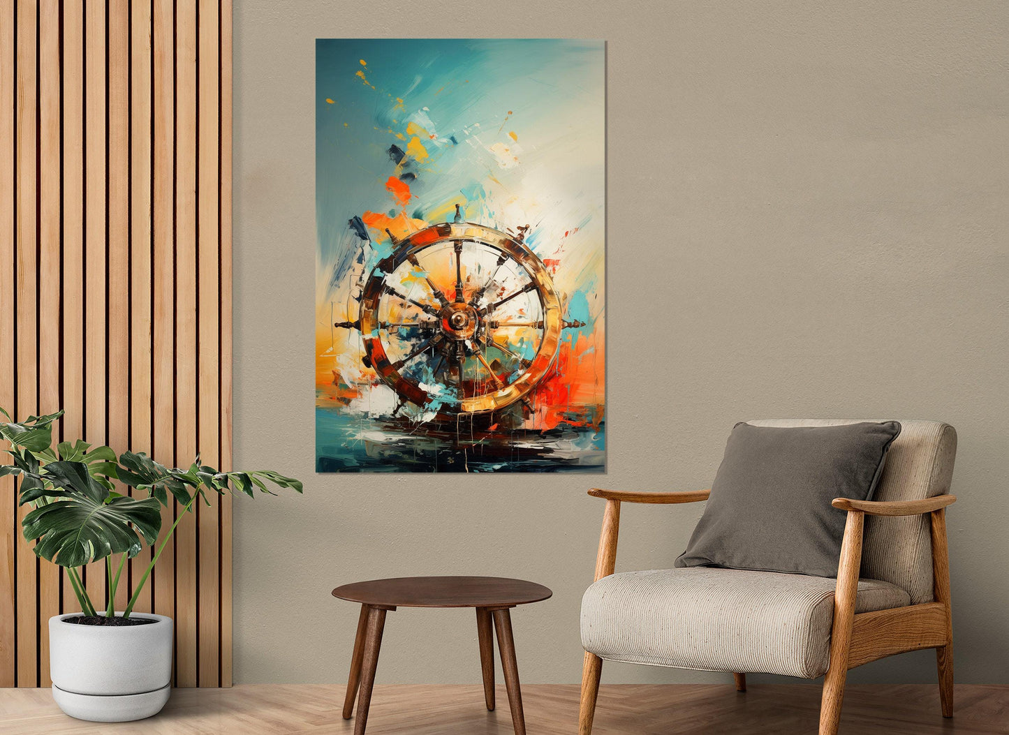 Abstract Ship Wheel Canvas | Framed Helm Painting - Nautical Wall Art Ready to Hang