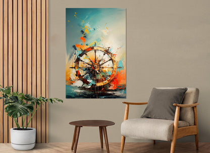 Abstract Ship Wheel Canvas | Framed Helm Painting - Nautical Wall Art Ready to Hang