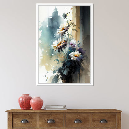 White & Teal Watercolor Flowers Canvas Wall Art