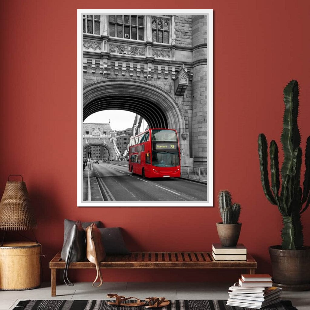 Red Bus Passing on the Tower Bridge Canvas Wall Art