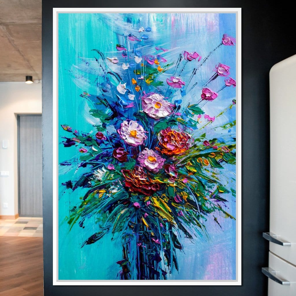 Bouquet of Flowers on Blue Background Canvas Wall Art