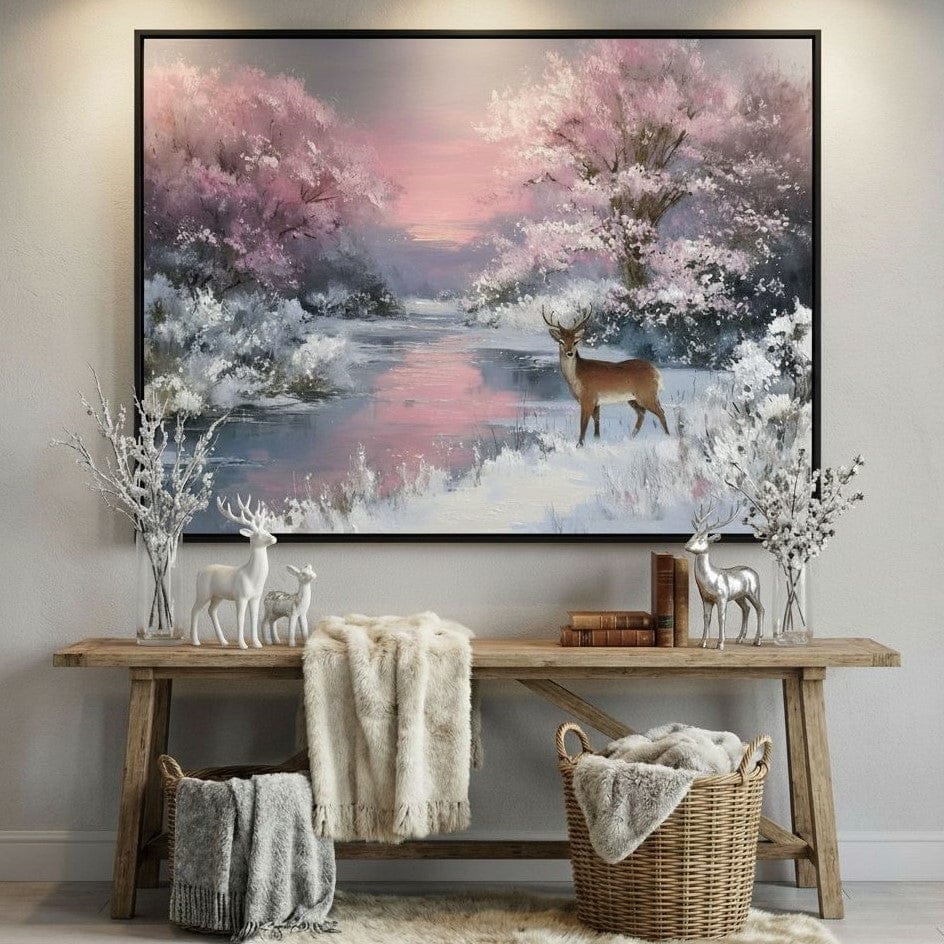 Winter River Deer Sunset Glow Canvas Wall Art
