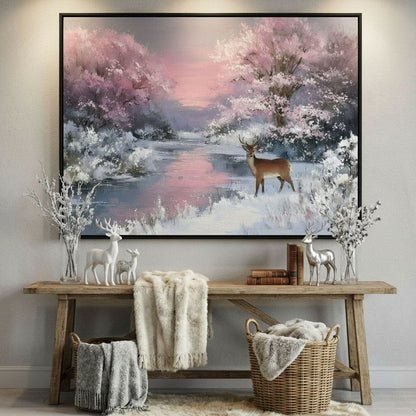 Winter River Deer Sunset Glow Canvas Wall Art