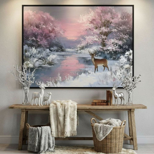 Winter River Deer Sunset Glow Canvas Wall Art