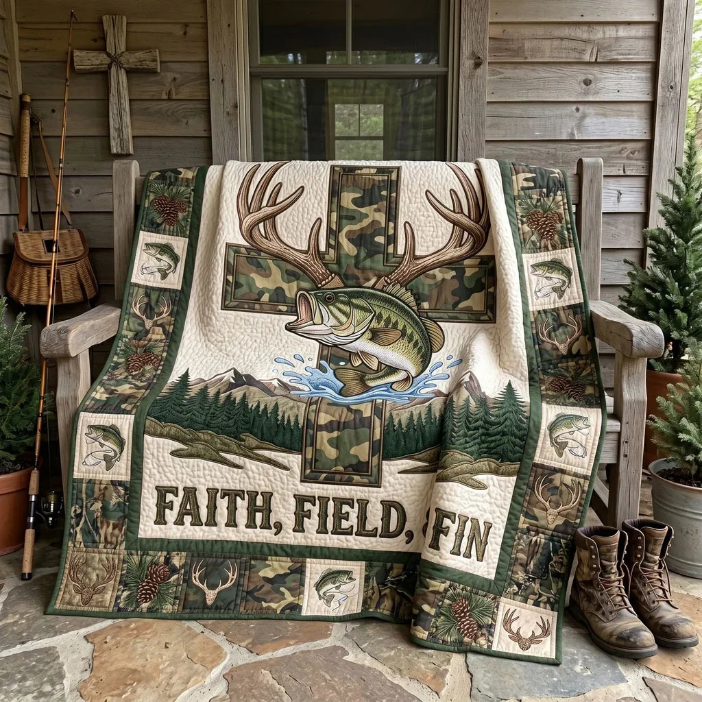 Faith Field And Fin Hunting Fishing Quilt Blanket